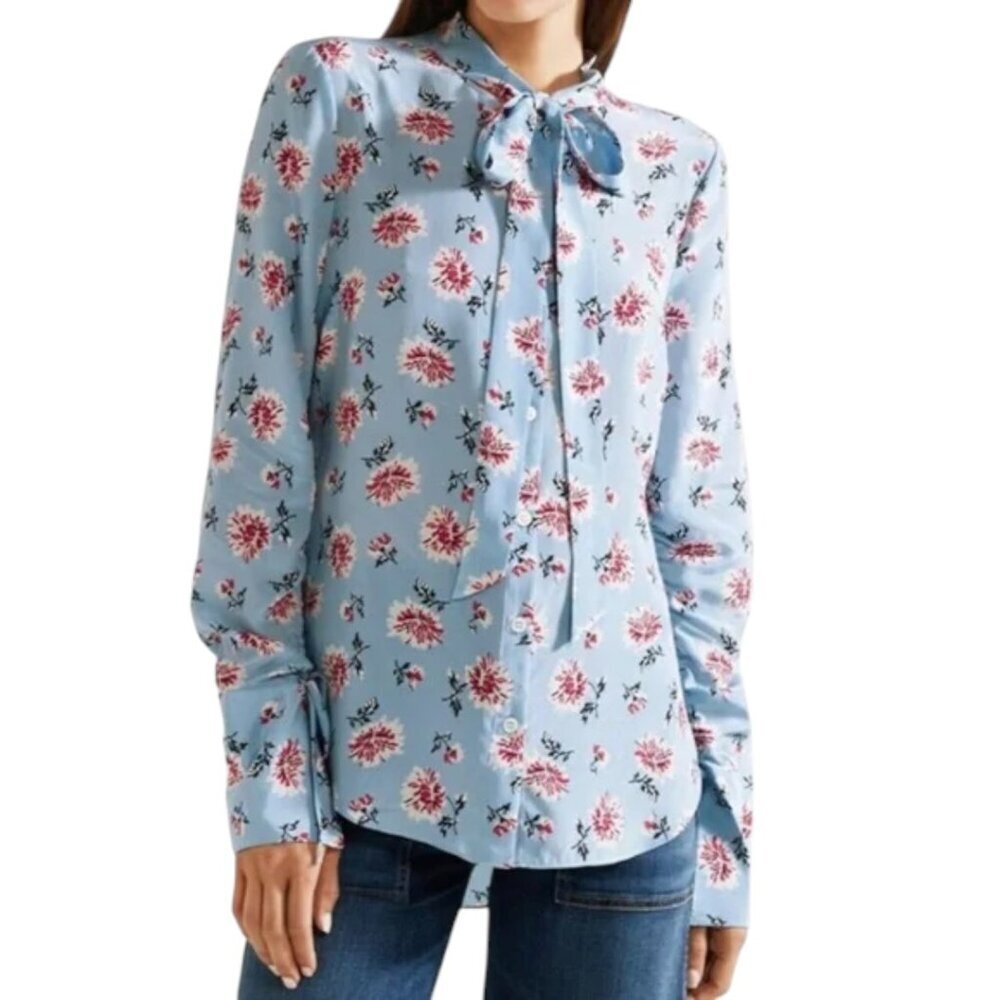 Veronica Beard Remi Silk Blue Floral Tie Neck Blouse